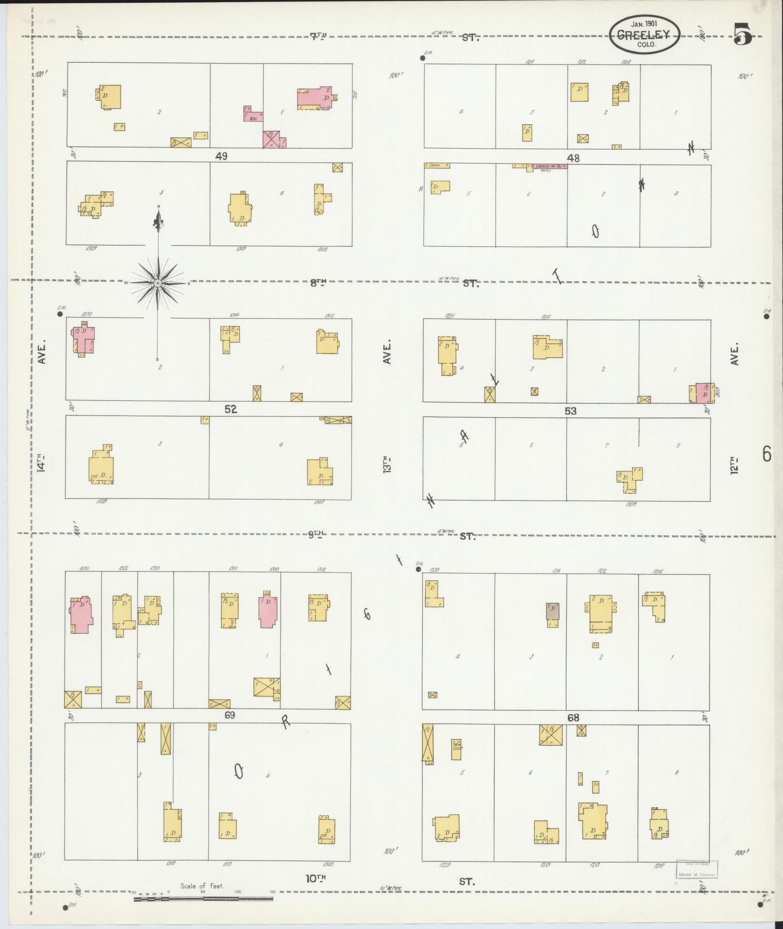 Sanborn Fire Insurance Map from Greeley, Weld County, Colorado (1901), Sheet #0005 - Historic Sanborn Fire Insurance Map Print, vintage old map wall art, antique decor, genealogy gift, Colorado Colorado map