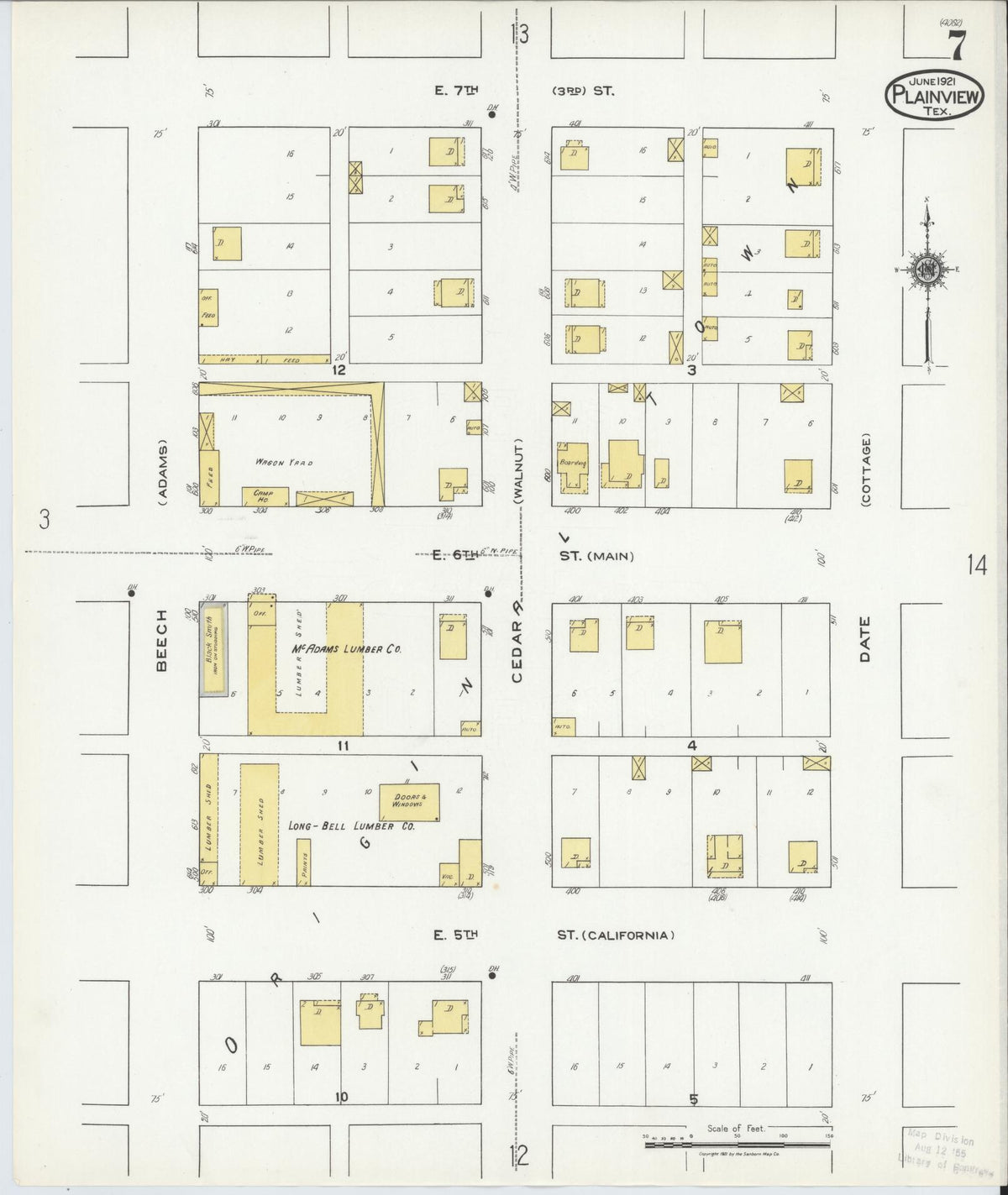 Sanborn Fire Insurance Map from Plainview, Hale County, Texas (1921), Sheet #0007 - Complete Map Set gallery image, historic Sanborn map, vintage wall art, Texas Texas