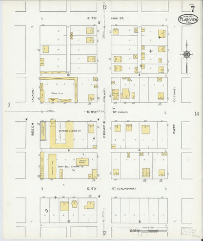 Sanborn Fire Insurance Map from Plainview, Hale County, Texas (1921), Sheet #0007 - Complete Map Set gallery image, historic Sanborn map, vintage wall art, Texas Texas