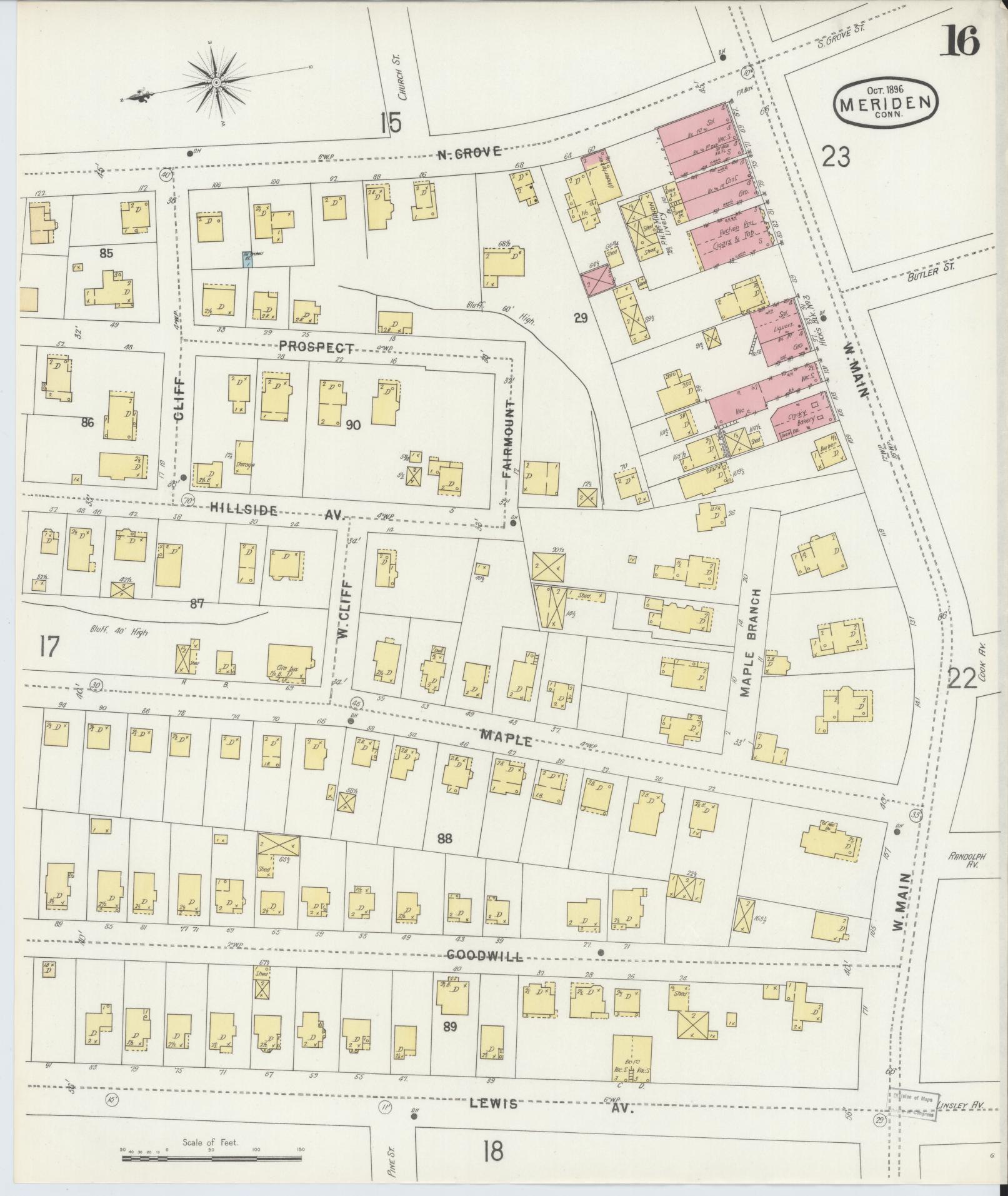 Sanborn Fire Insurance Map from Meriden, New Haven County, Connecticut (1896), Sheet #0016 - Historic Sanborn Fire Insurance Map Print, vintage old map wall art, antique decor, genealogy gift, Connecticut Connecticut map