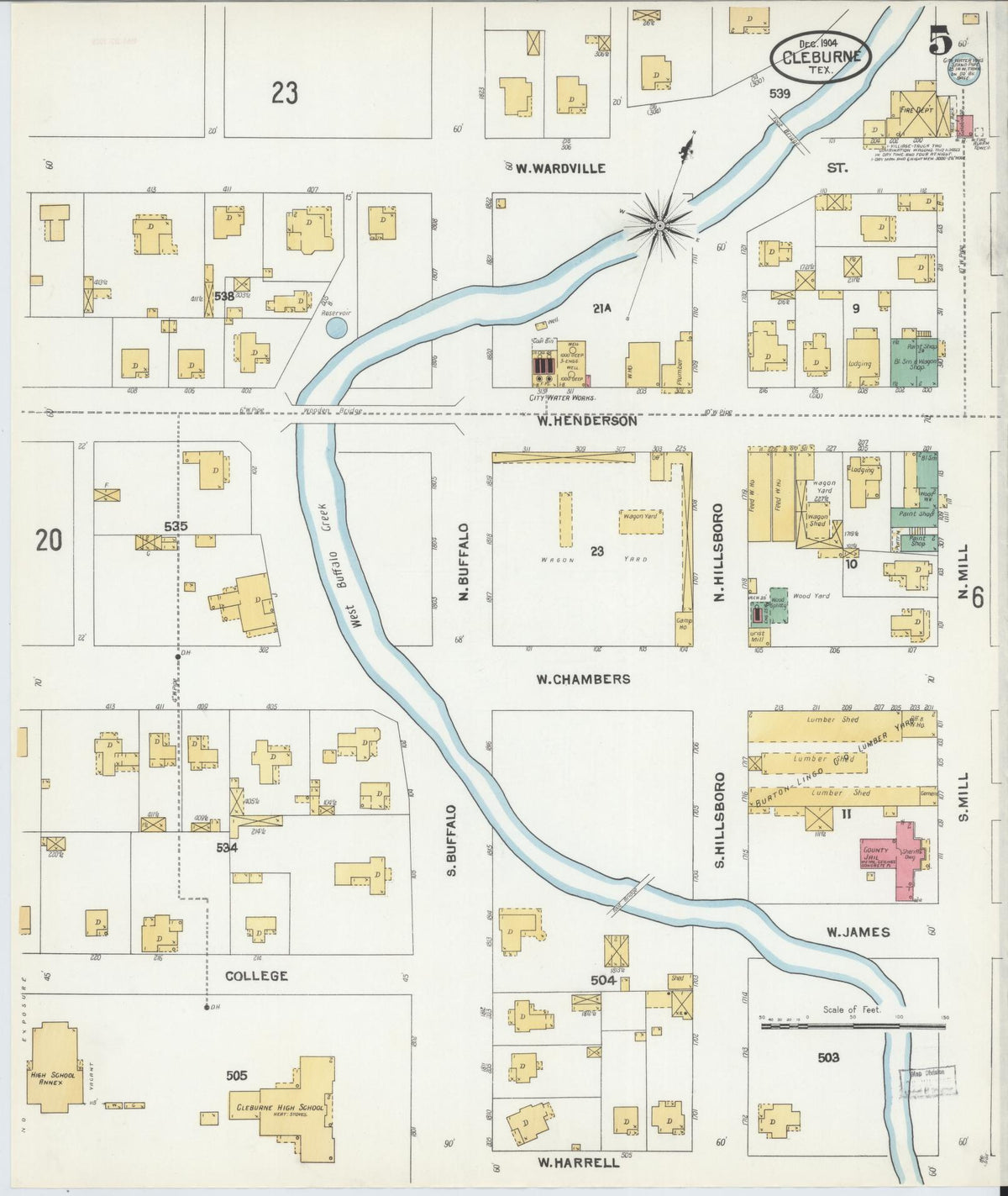 Sanborn Fire Insurance Map from Cleburne, Johnson County, Texas (1904), Sheet #0005 - Complete Map Set gallery image, historic Sanborn map, vintage wall art, Texas Texas
