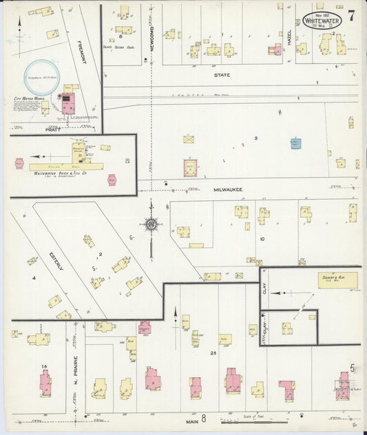 Sanborn Fire Insurance Map from Whitewater, Walworth County, Wisconsin (1912), Sheet #0007 - Historic Sanborn Fire Insurance Map Print, vintage old map wall art, antique decor, genealogy gift, Wisconsin Wisconsin map