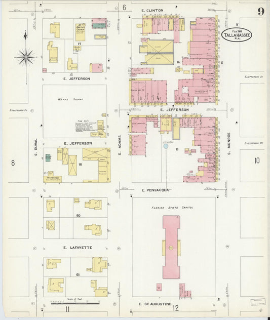 Sanborn Fire Insurance Map from Tallahassee, Leon County, Florida (1909), Sheet #0009 - Historic Sanborn Fire Insurance Map Print, vintage old map wall art, antique decor, genealogy gift, Florida Florida map