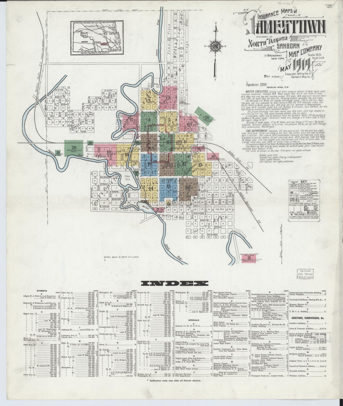 Sanborn Fire Insurance Map from Jamestown, Stutsman County, North Dakota (1919), Sheet #0001 - Historic Sanborn Fire Insurance Map Print, vintage old map wall art, antique decor, genealogy gift, North Dakota North Dakota map