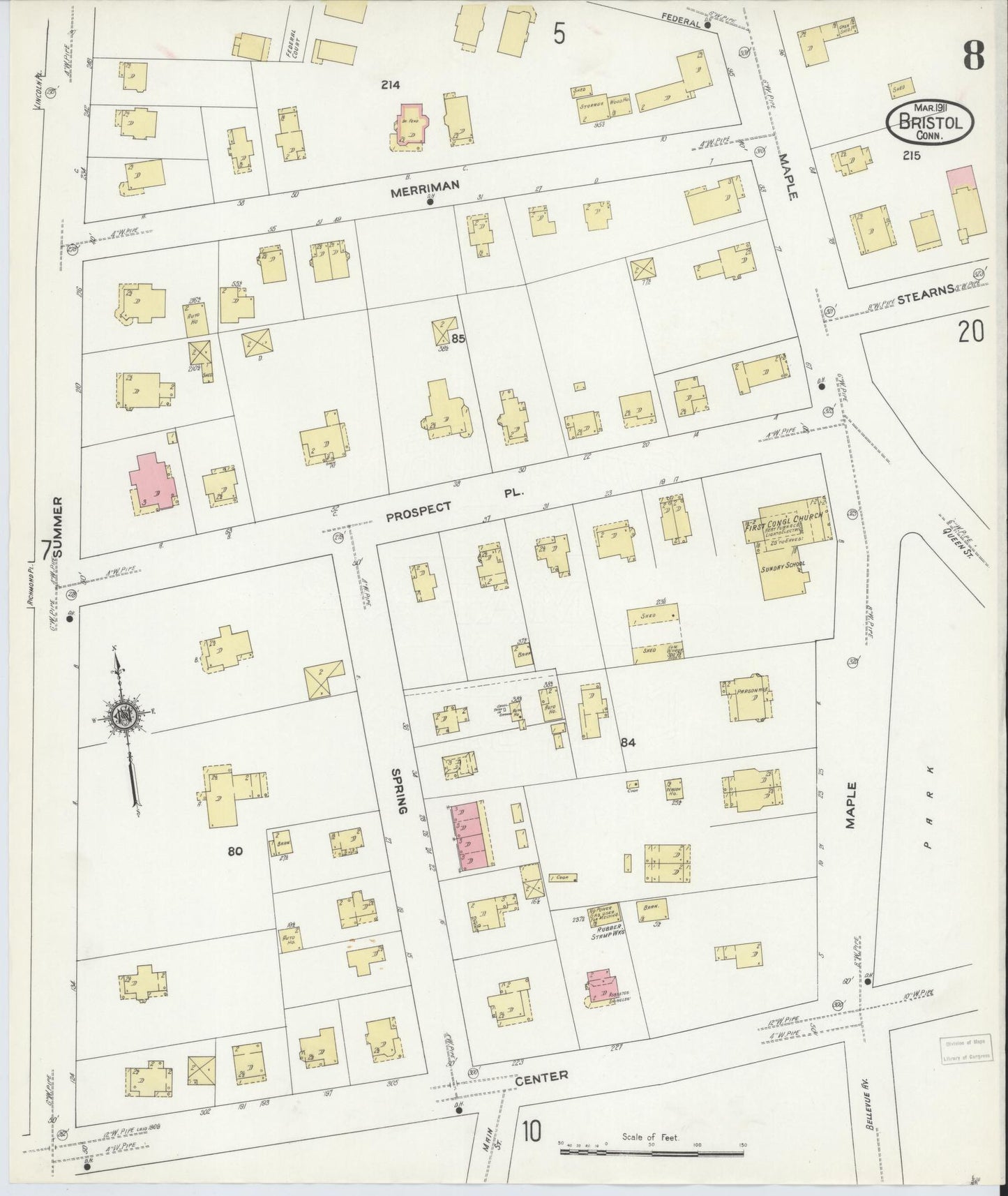 Sanborn Fire Insurance Map from Bristol, Hartford County, Connecticut (1911), Sheet #0008 - Complete Map Set gallery image, historic Sanborn map, vintage wall art, Connecticut Connecticut
