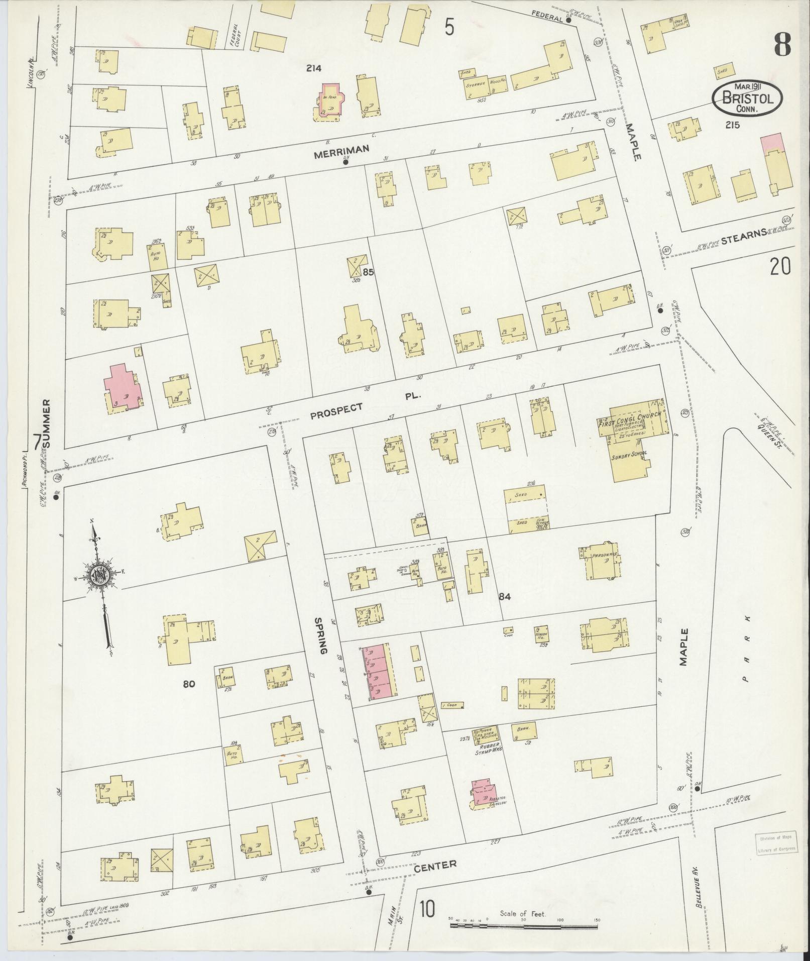 Sanborn Fire Insurance Map from Bristol, Hartford County, Connecticut (1911), Sheet #0008 - Complete Map Set gallery image, historic Sanborn map, vintage wall art, Connecticut Connecticut