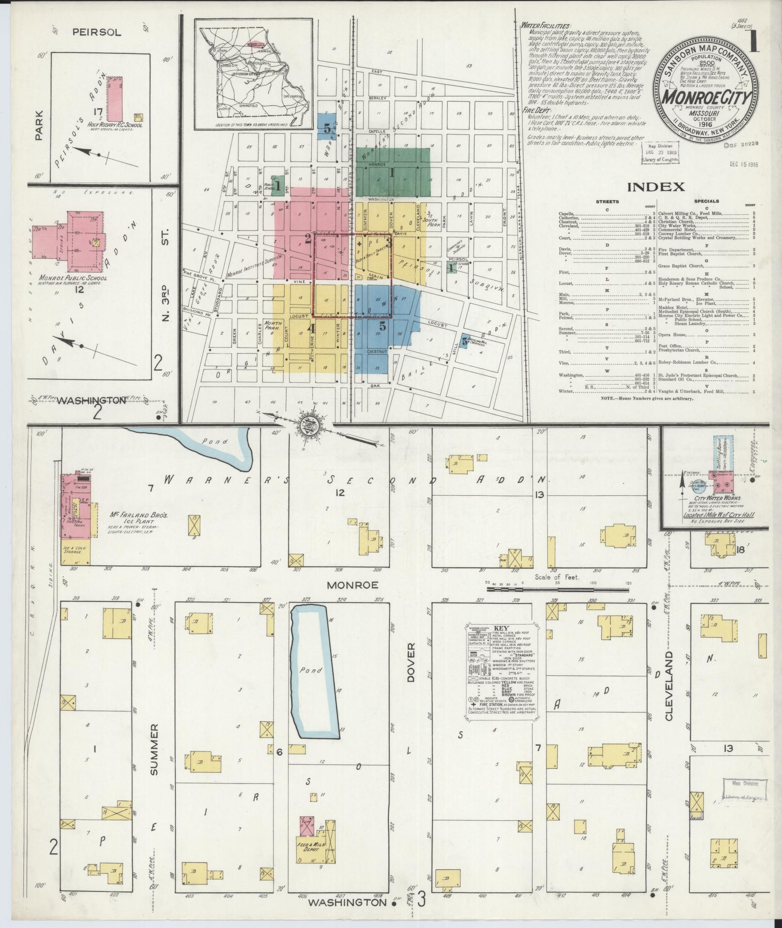 Sanborn Fire Insurance Map from Monroe City, Monroe County, Missouri (1916), Sheet #0001 - Historic Sanborn Fire Insurance Map Print, vintage old map wall art, antique decor, genealogy gift, Missouri Missouri map