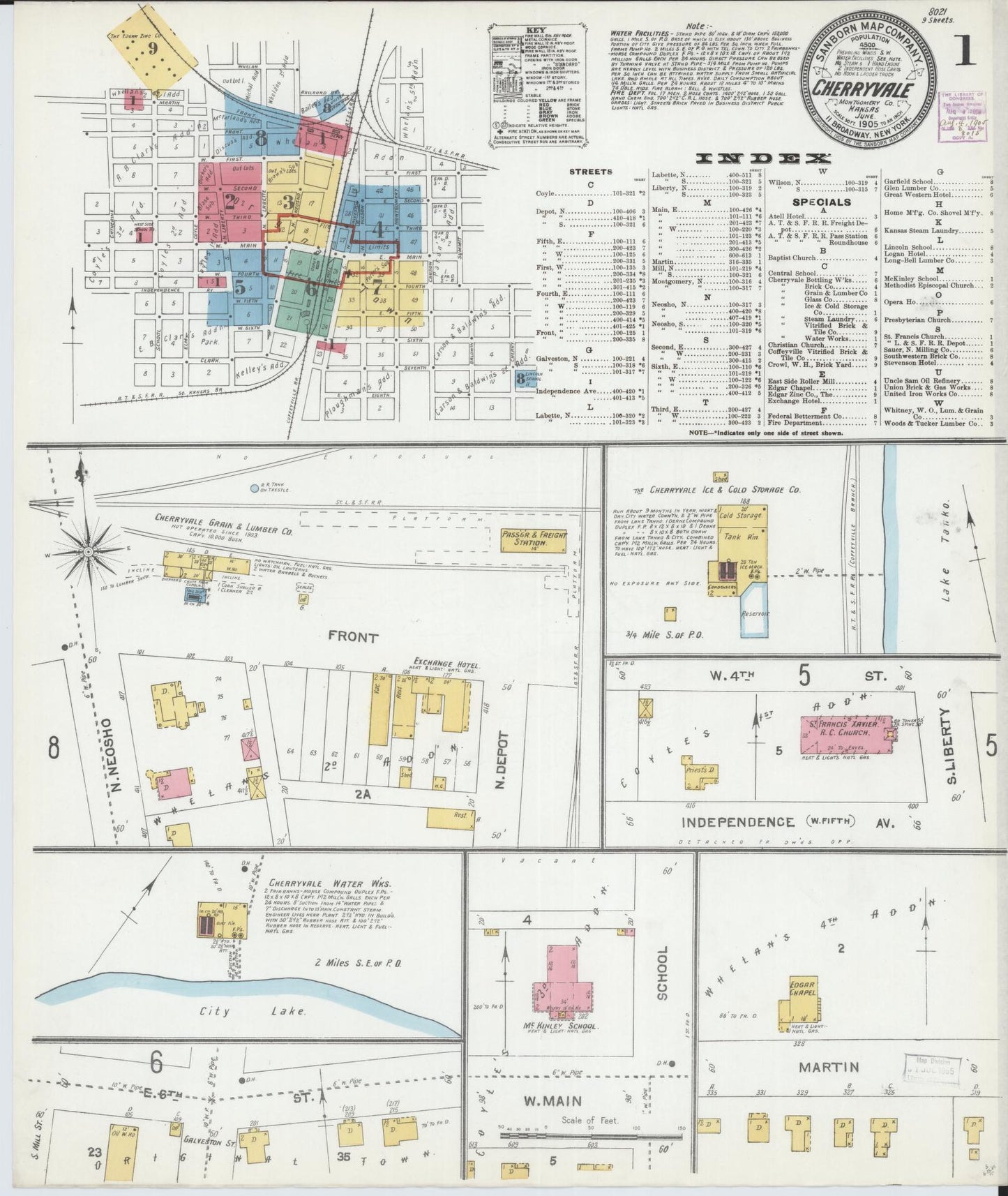 Sanborn Fire Insurance Map from Cherryvale, Montgomery County, Kansas (1905), Sheet #0001 - Historic Sanborn Fire Insurance Map Print, vintage old map wall art, antique decor, genealogy gift, Kansas Kansas map