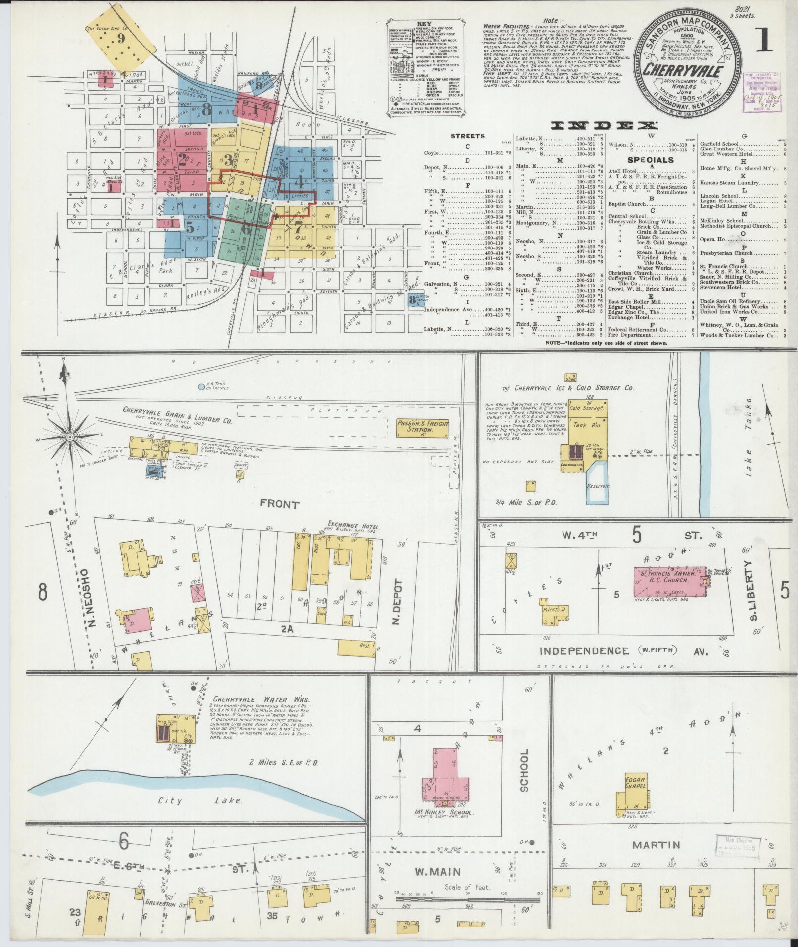 Sanborn Fire Insurance Map from Cherryvale, Montgomery County, Kansas (1905), Sheet #0001 - Historic Sanborn Fire Insurance Map Print, vintage old map wall art, antique decor, genealogy gift, Kansas Kansas map