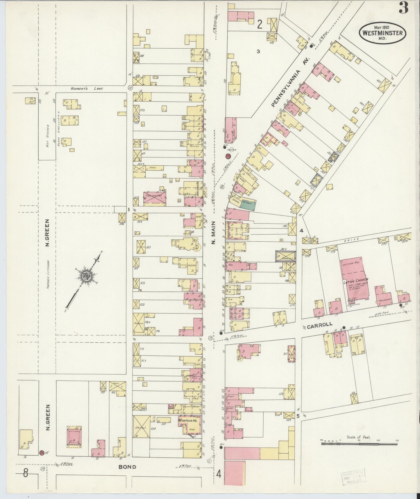Sanborn Fire Insurance Map from Westminster, Carroll County, Maryland (1910), Sheet #0003 - Historic Sanborn Fire Insurance Map Print, vintage old map wall art