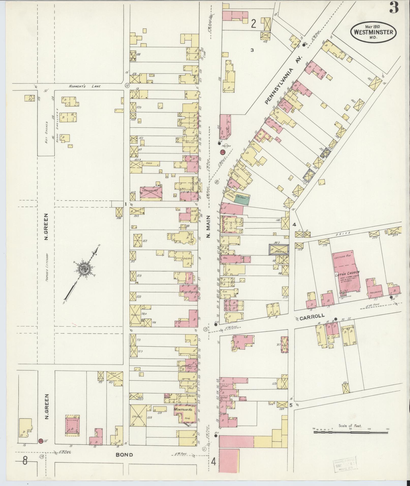 Sanborn Fire Insurance Map from Westminster, Carroll County, Maryland (1910), Sheet #0003 - Historic Sanborn Fire Insurance Map Print, vintage old map wall art
