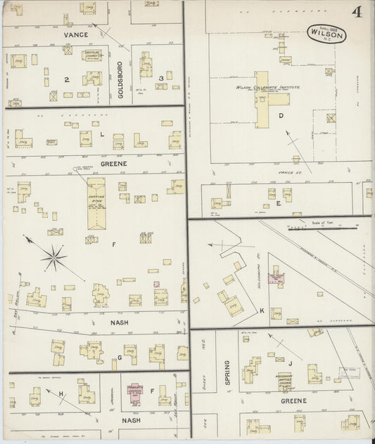 Sanborn Fire Insurance Map from Wilson, Wilson County, North Carolina (1888), Sheet #0004 - Historic Sanborn Fire Insurance Map Print, vintage old map wall art, antique decor, genealogy gift, North Carolina North Carolina map
