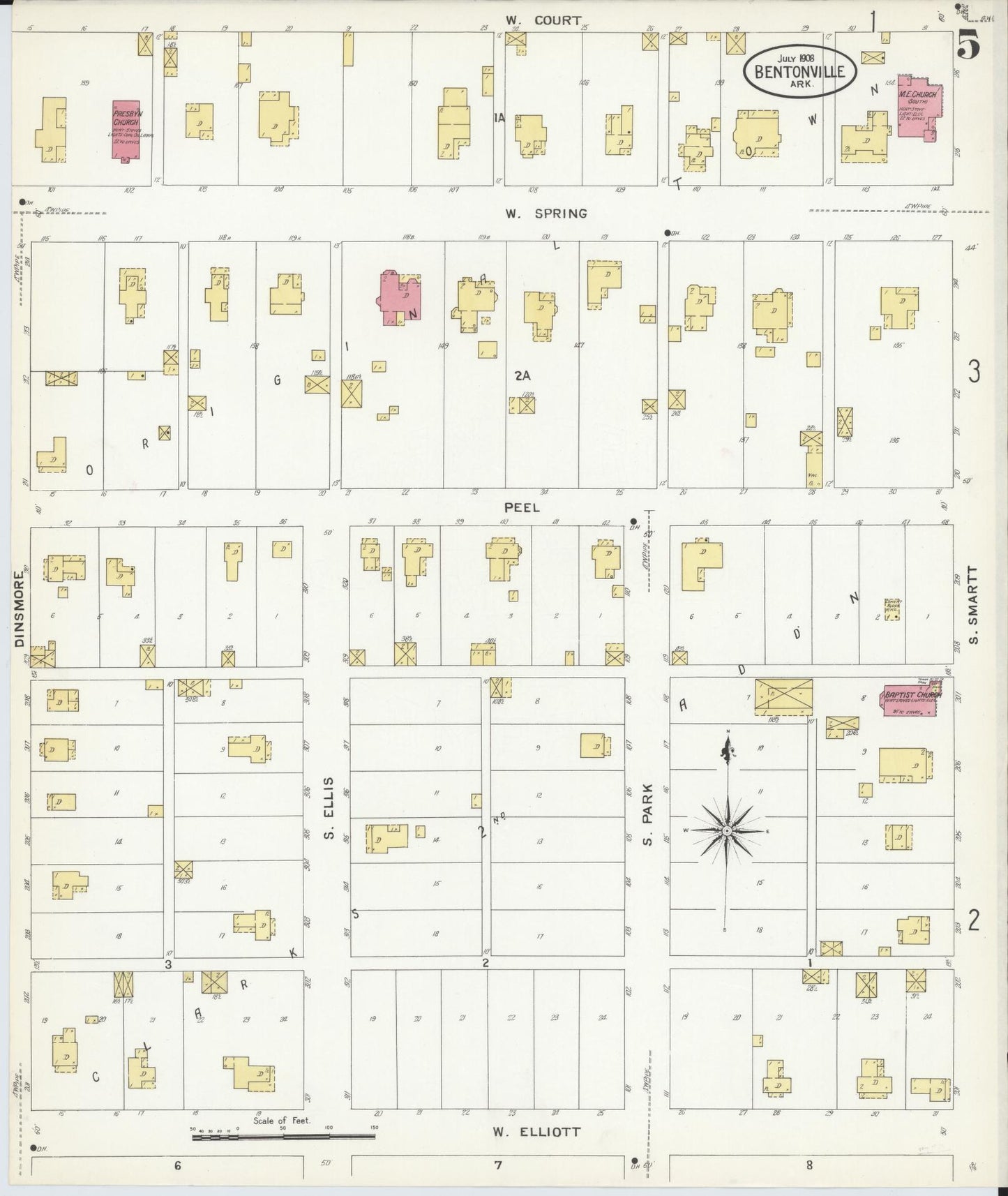Sanborn Fire Insurance Map from Bentonville, Benton County, Arkansas (1908), Sheet #0005 - Complete Map Set gallery image, historic Sanborn map, vintage wall art, Arkansas Arkansas
