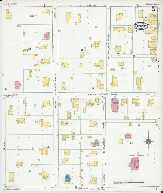 Sanborn Fire Insurance Map from Conway, Faulkner County, Arkansas (1919), Sheet #0005 - Historic Sanborn Fire Insurance Map Print, vintage old map wall art, antique decor, genealogy gift, Arkansas Arkansas map