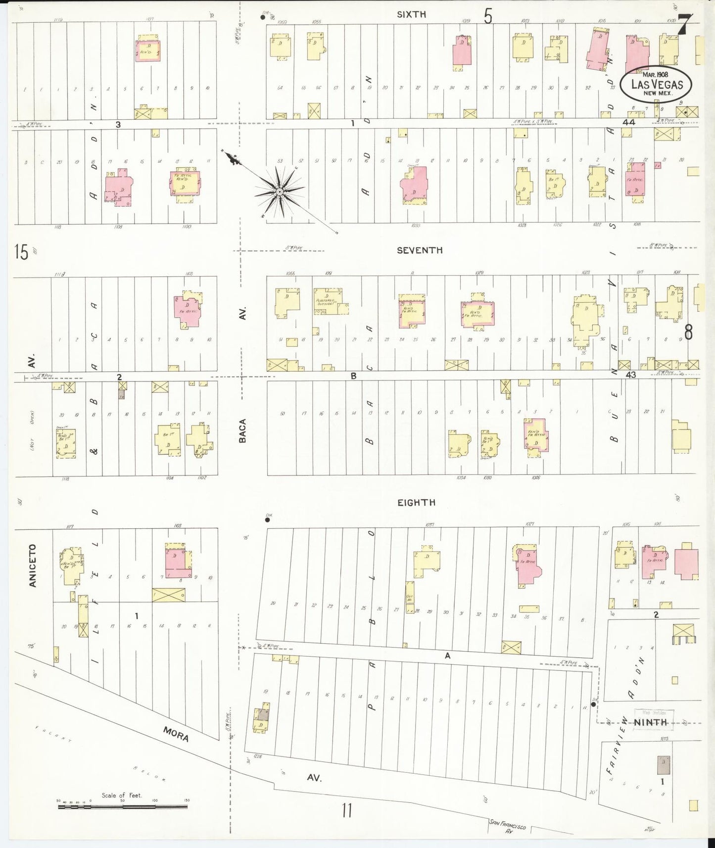 Sanborn Fire Insurance Map from Las Vegas, San Miguel County, New Mexico (1908), Sheet #0007 - Historic Sanborn Fire Insurance Map Print, vintage old map wall art, antique decor, genealogy gift, New Mexico New Mexico map