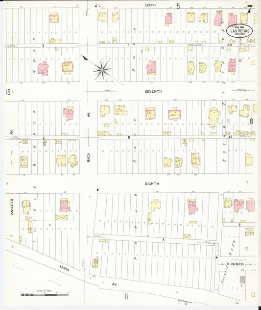 Sanborn Fire Insurance Map from Las Vegas, San Miguel County, New Mexico (1908), Sheet #0007 - Historic Sanborn Fire Insurance Map Print, vintage old map wall art, antique decor, genealogy gift, New Mexico New Mexico map