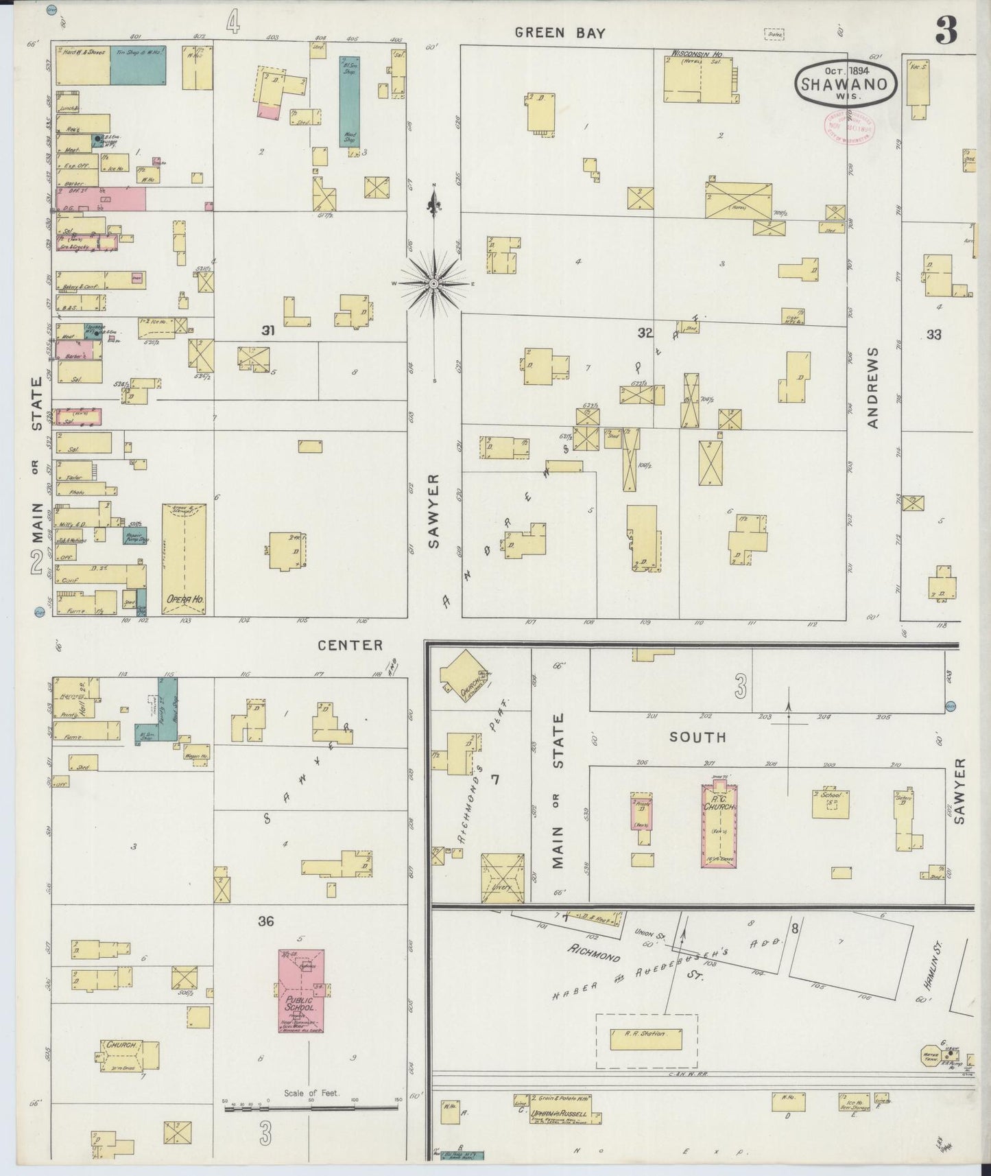Sanborn Fire Insurance Map from Shawano, Shawano County, Wisconsin (1894), Sheet #0003 - Complete Map Set gallery image, historic Sanborn map, vintage wall art, Wisconsin Wisconsin