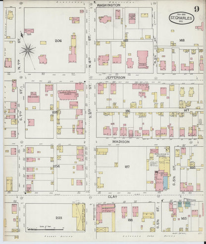 Sanborn Fire Insurance Map from Saint Charles, Saint Charles County, Missouri (1893), Sheet #0009 - Historic Sanborn Fire Insurance Map Print, vintage old map wall art, antique decor, genealogy gift, Missouri Missouri map