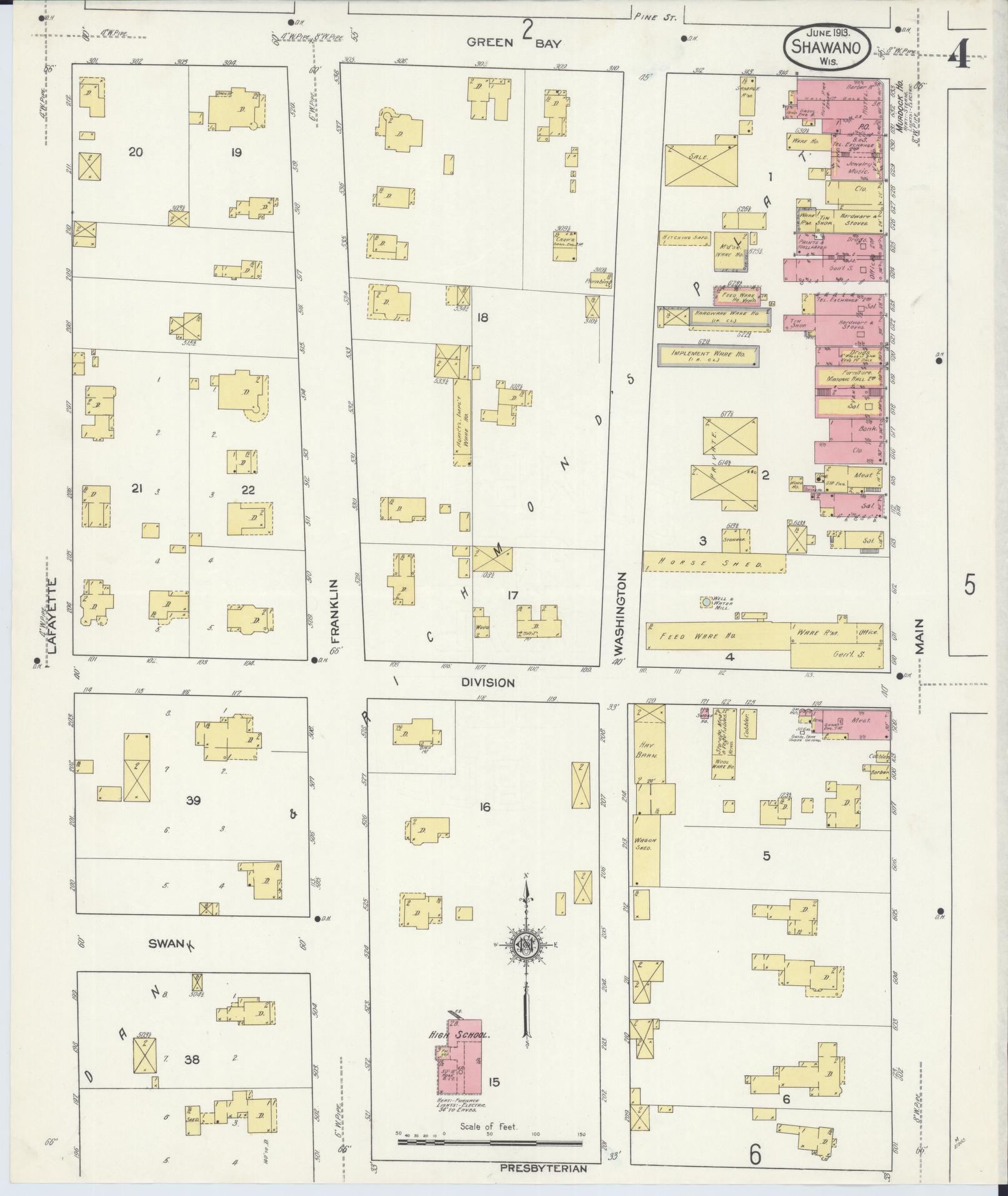 Sanborn Fire Insurance Map from Shawano, Shawano County, Wisconsin (1913), Sheet #0004 - Complete Map Set gallery image, historic Sanborn map, vintage wall art, Wisconsin Wisconsin