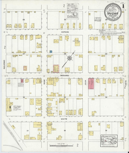 Sanborn Fire Insurance Map from Irvona, Clearfield County, Pennsylvania (1917), Sheet #0001 - Historic Sanborn Fire Insurance Map Print, vintage old map wall art, antique decor, genealogy gift, Pennsylvania Pennsylvania map