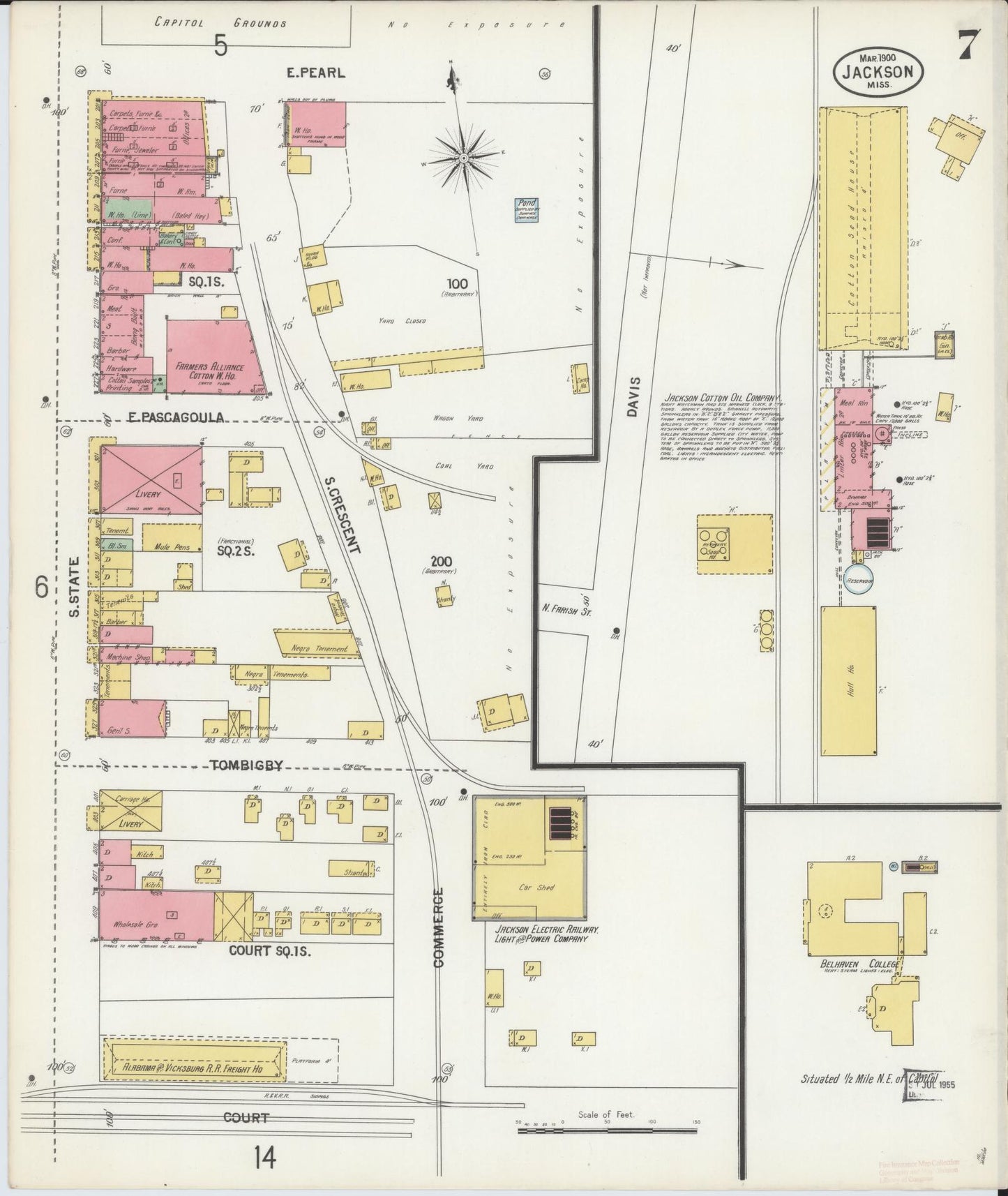 Sanborn Fire Insurance Map from Jackson, Hinds County, Mississippi (1900), Sheet #0007 - Historic Sanborn Fire Insurance Map Print, vintage old map wall art, antique decor, genealogy gift, Mississippi Mississippi map