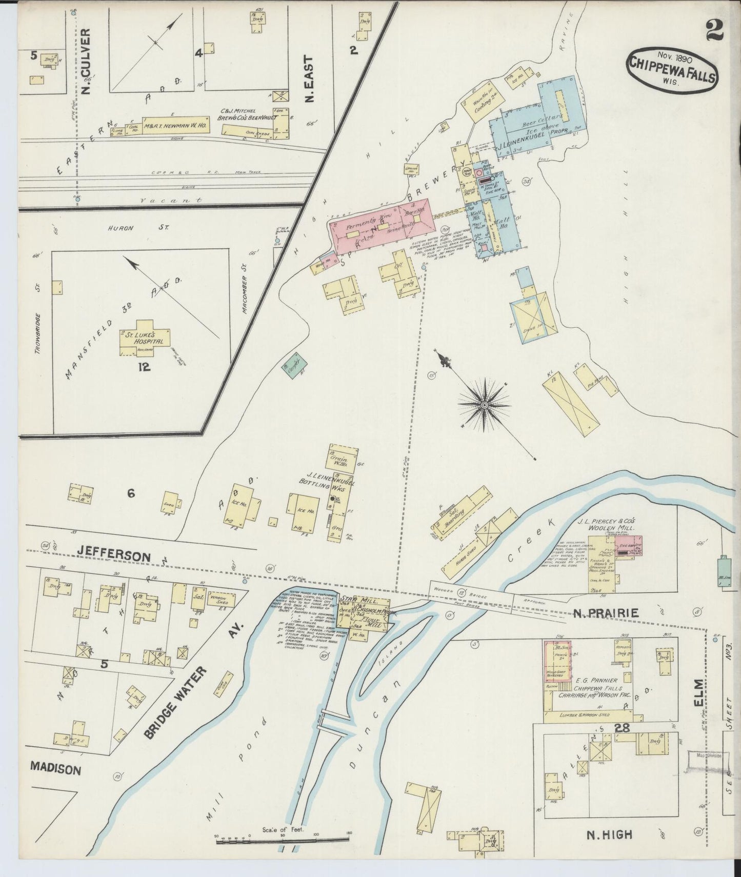Sanborn Fire Insurance Map from Chippewa Falls, Chippewa County, Wisconsin (1890), Sheet #0002 - Historic Sanborn Fire Insurance Map Print, vintage old map wall art, antique decor, genealogy gift, Wisconsin Wisconsin map
