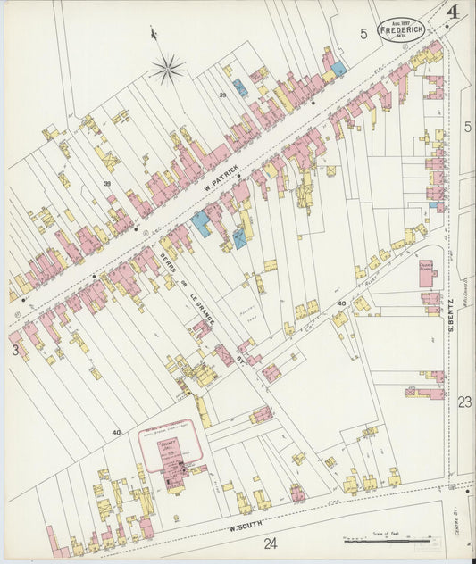 Frederick, Maryland - 1897 - Sanborn Fire Insurance Map, Sheet #0004 - Historic Sanborn Fire Insurance Map Print, Frederick Maryland 1897 0004 vintage old map wall art
