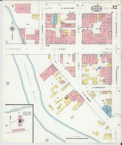 Sanborn Fire Insurance Map from Owosso, Shiawassee County, Michigan (1915), Sheet #0012 - Historic Sanborn Fire Insurance Map Print, vintage old map wall art, antique decor, genealogy gift, Michigan Michigan map