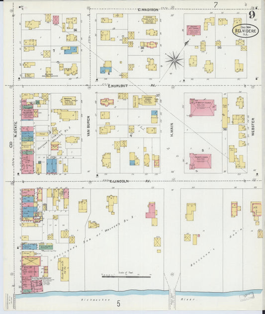 Sanborn Fire Insurance Map from Belvidere, Boone County, Illinois (1904), Sheet #0009 - Historic Sanborn Fire Insurance Map Print, vintage old map wall art, antique decor, genealogy gift, Illinois Illinois map