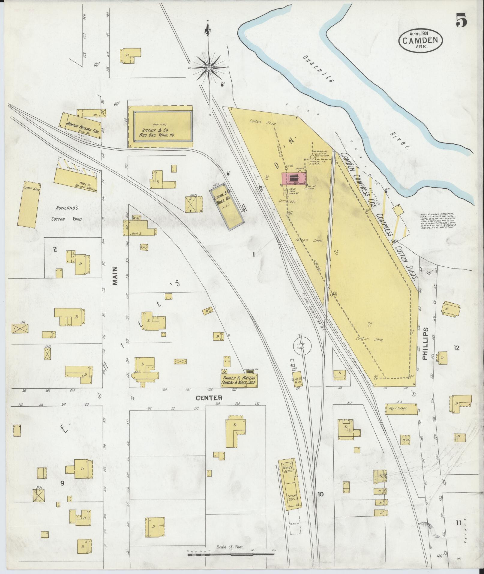 Sanborn Fire Insurance Map from Camden, Ouachita County, Arkansas (1901), Sheet #0005 - Complete Map Set gallery image, historic Sanborn map, vintage wall art, Arkansas Arkansas