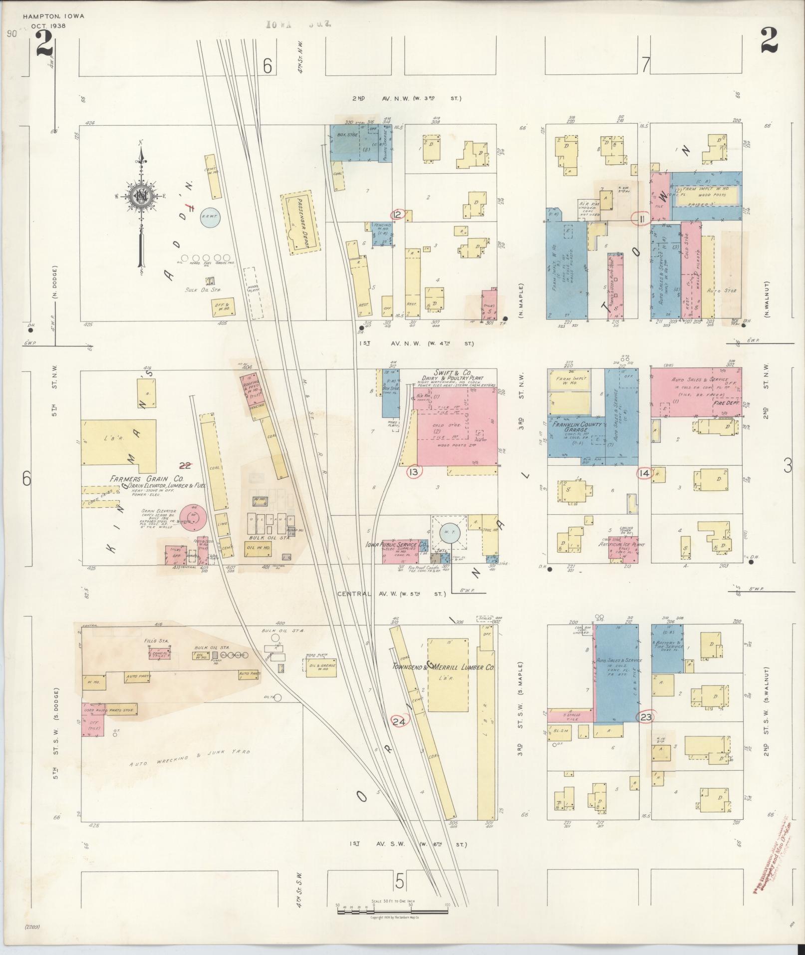 Sanborn Fire Insurance Map from Hampton, Franklin County, Iowa (1944), Sheet #0002 - Historic Sanborn Fire Insurance Map Print, vintage old map wall art