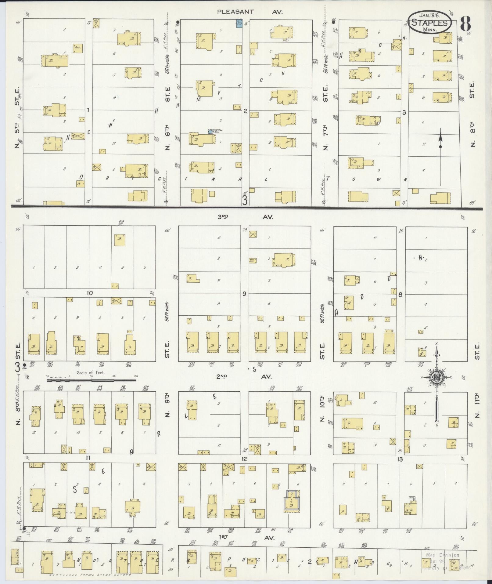 Sanborn Fire Insurance Map from Staples, Todd County, Minnesota (1916), Sheet #0008 - Complete Map Set gallery image, historic Sanborn map, vintage wall art, Minnesota Minnesota