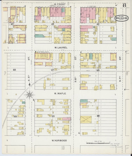 Sanborn Fire Insurance Map from Brainerd, Crow Wing County, Minnesota (1892), Sheet #0008 - Historic Sanborn Fire Insurance Map Print, vintage old map wall art, antique decor, genealogy gift, Minnesota Minnesota map