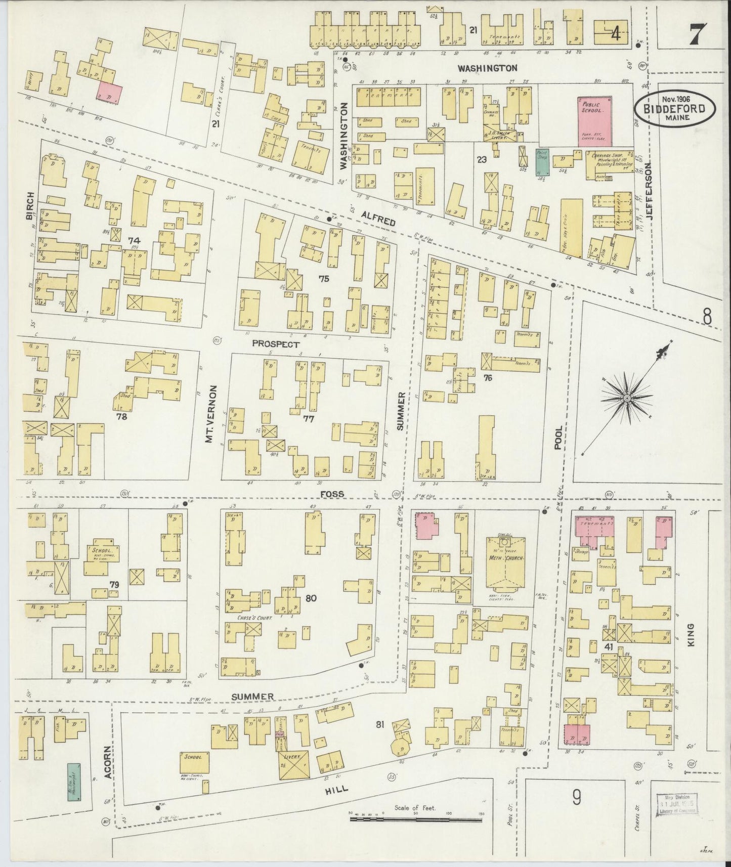 Sanborn Fire Insurance Map from Biddeford, York County, Maine (1906), Sheet #0007 - Complete Map Set gallery image, historic Sanborn map, vintage wall art, Maine Maine