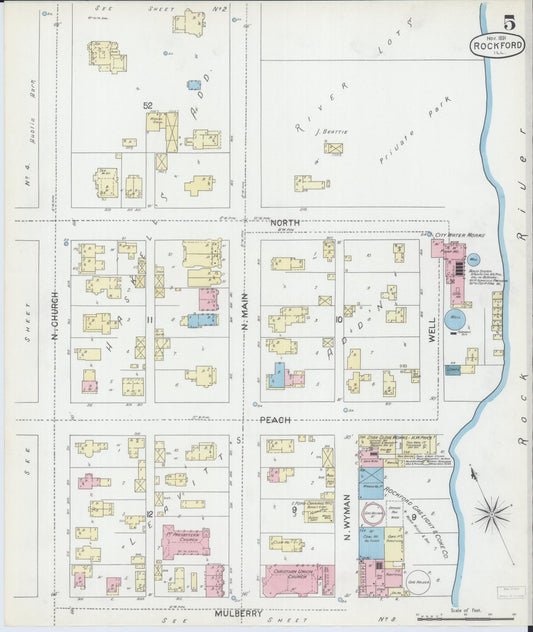 Sanborn Fire Insurance Map from Rockford, Winnebago County, Illinois (1891), Sheet #0005 - Historic Sanborn Fire Insurance Map Print, vintage old map wall art, antique decor, genealogy gift, Illinois Illinois map