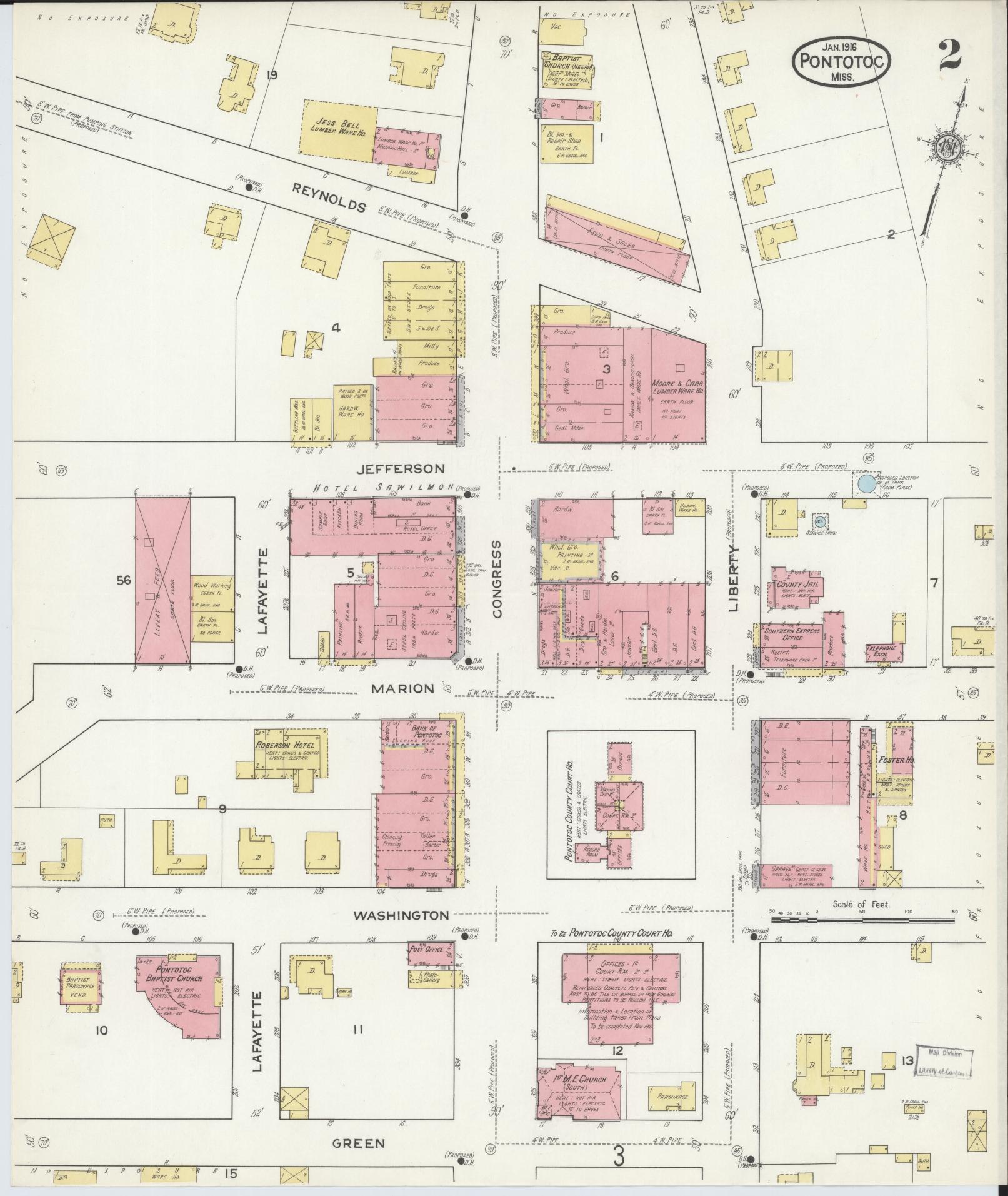 Sanborn Fire Insurance Map from Pontotoc, Pontotoc County, Mississippi (1916), Sheet #0002 - Complete Map Set gallery image, historic Sanborn map, vintage wall art, Mississippi Mississippi