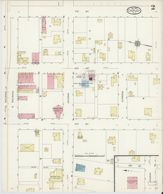 Sanborn Fire Insurance Map from Chipley, Washington County, Florida (1913), Sheet #0002 - Historic Sanborn Fire Insurance Map Print, vintage old map wall art, antique decor, genealogy gift, Florida Florida map