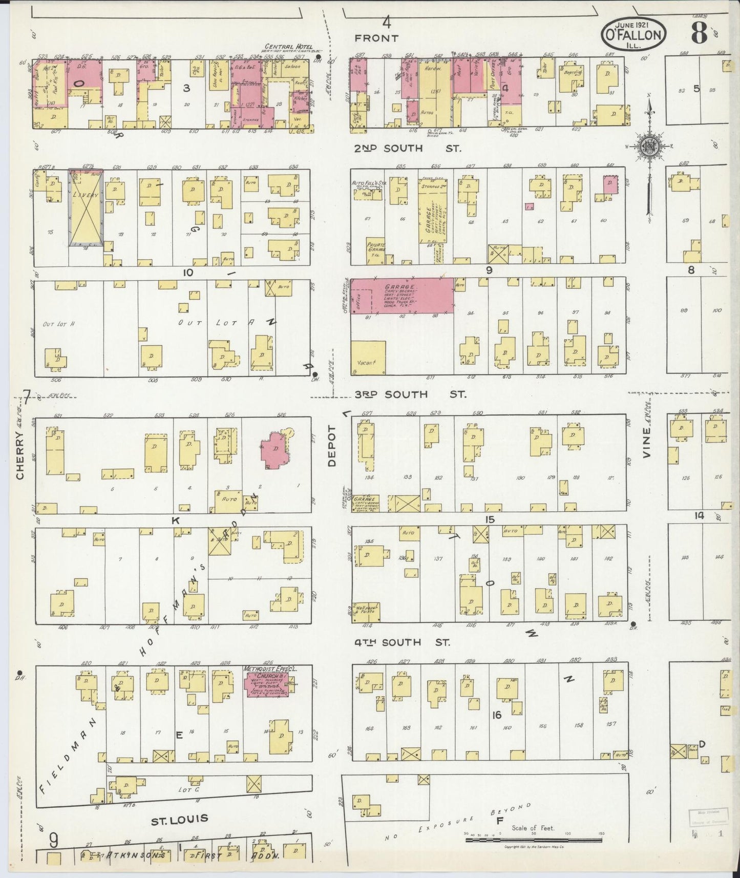 Sanborn Fire Insurance Map from O'Fallon, Saint Clair County, Illinois (1921), Sheet #0008 - Complete Map Set gallery image, historic Sanborn map, vintage wall art, Illinois Illinois