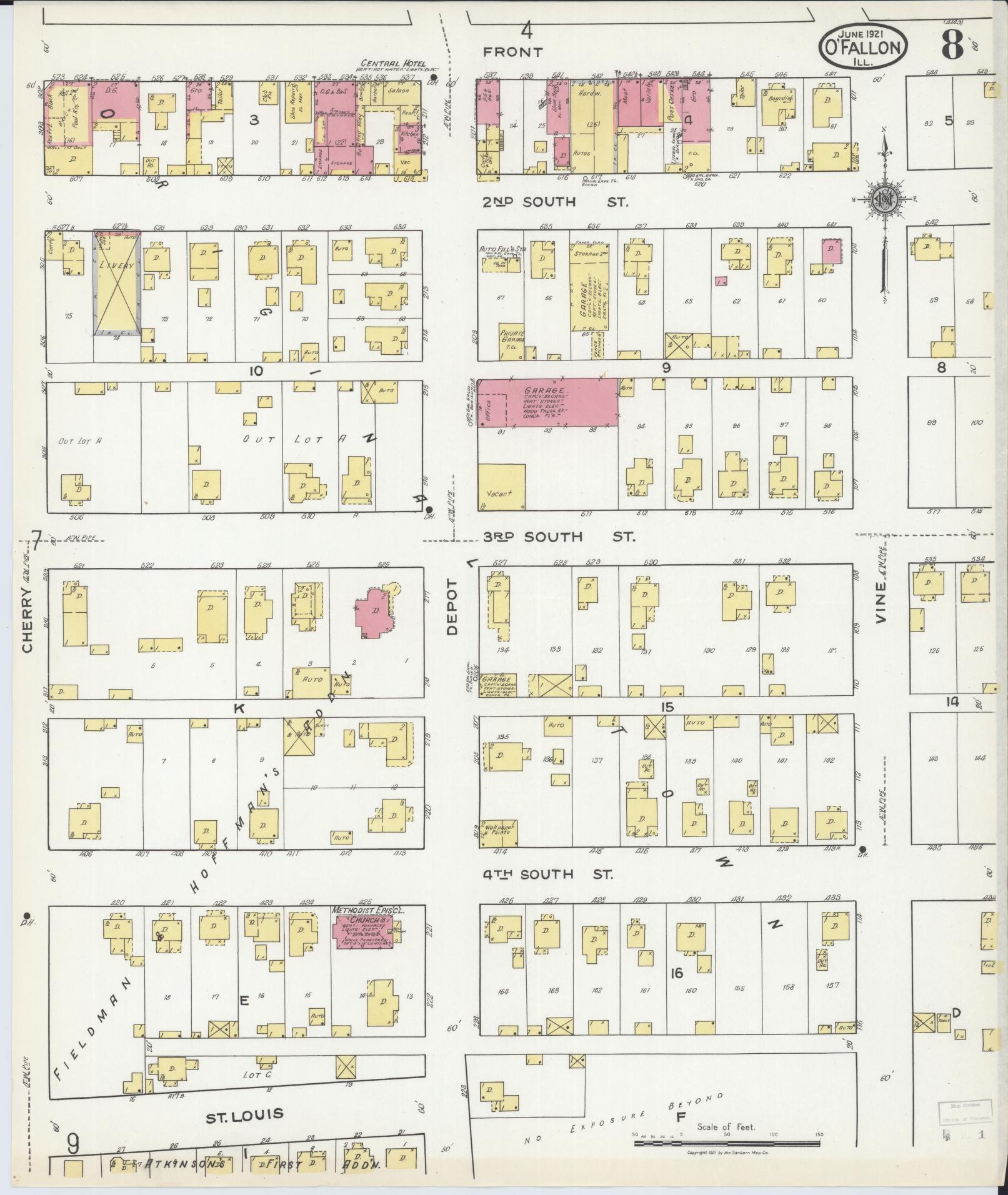 Sanborn Fire Insurance Map from O'Fallon, Saint Clair County, Illinois (1921), Sheet #0008 - Complete Map Set gallery image, historic Sanborn map, vintage wall art, Illinois Illinois