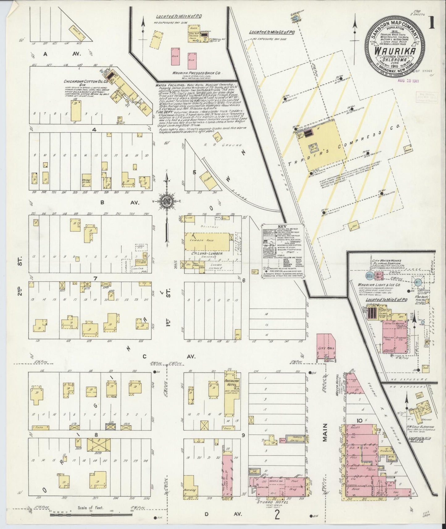 Sanborn Fire Insurance Map from Waurika, Jefferson County, Oklahoma (1910), Sheet #0001 - Complete Map Set gallery image, historic Sanborn map, vintage wall art, Oklahoma Oklahoma