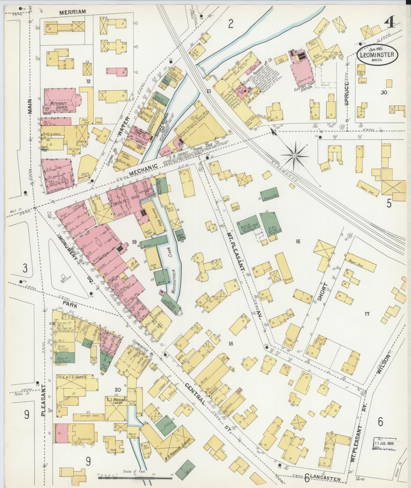 Sanborn Fire Insurance Map from Leominster, Worcester County, Massachusetts (1901), Sheet #0004 - Historic Sanborn Fire Insurance Map Print, vintage old map wall art, antique decor, genealogy gift, Massachusetts Massachusetts map
