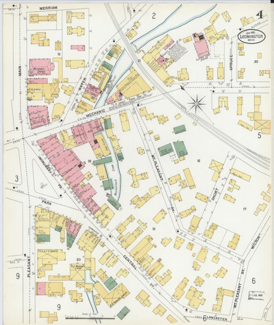 Sanborn Fire Insurance Map from Leominster, Worcester County, Massachusetts (1901), Sheet #0004 - Historic Sanborn Fire Insurance Map Print, vintage old map wall art, antique decor, genealogy gift, Massachusetts Massachusetts map