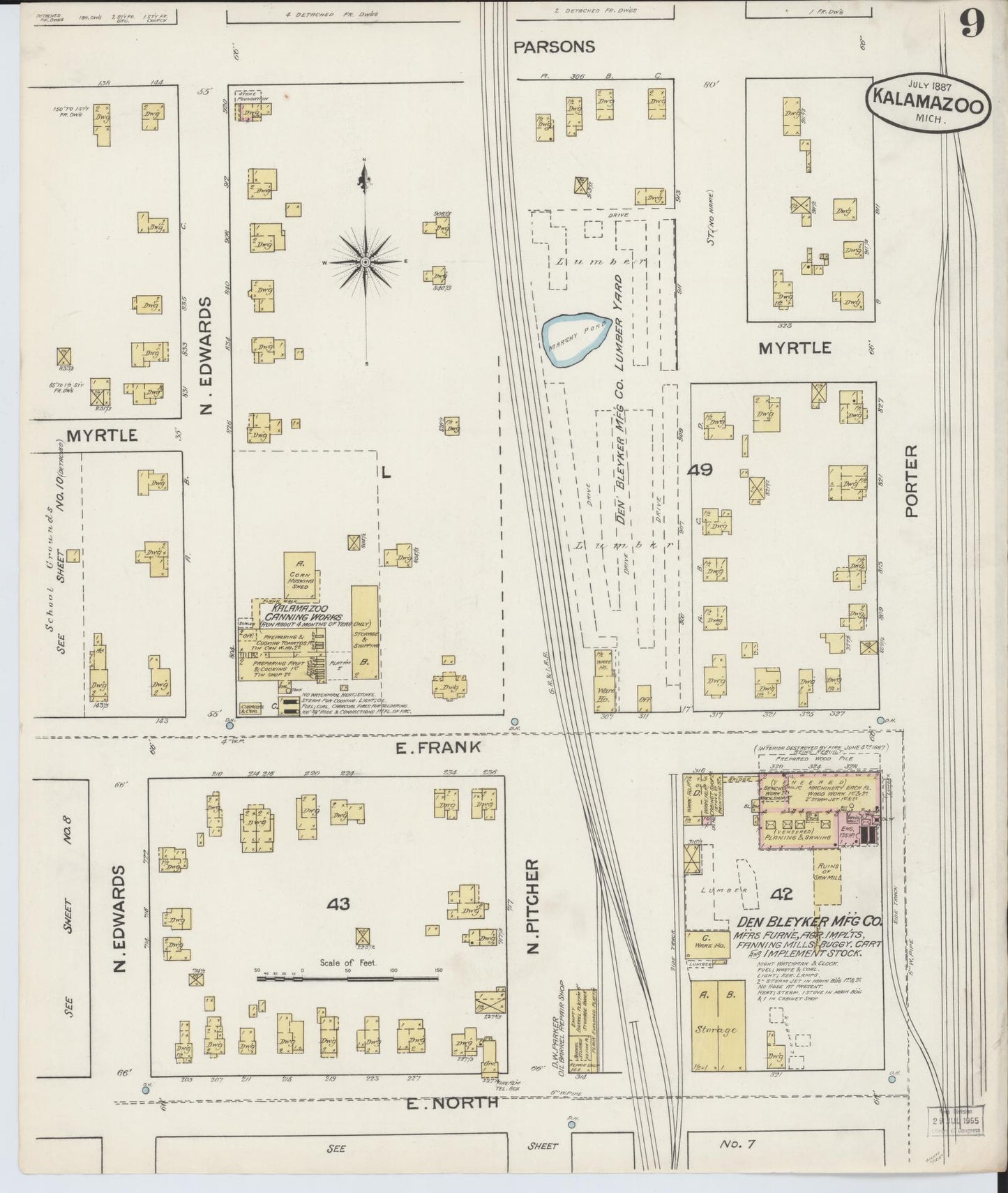 Sanborn Fire Insurance Map from Kalamazoo, Kalamazoo County, Michigan (1887), Sheet #0009 - Complete Map Set gallery image, historic Sanborn map, vintage wall art, Michigan Michigan