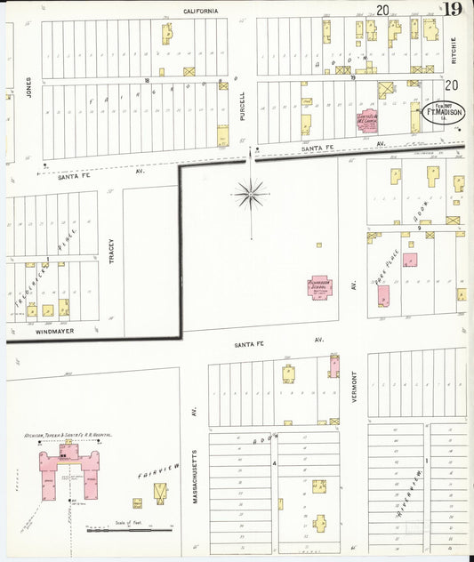 Sanborn Fire Insurance Map from Fort Madison, Lee County, Iowa (1907), Sheet #0019 - Historic Sanborn Fire Insurance Map Print, vintage old map wall art
