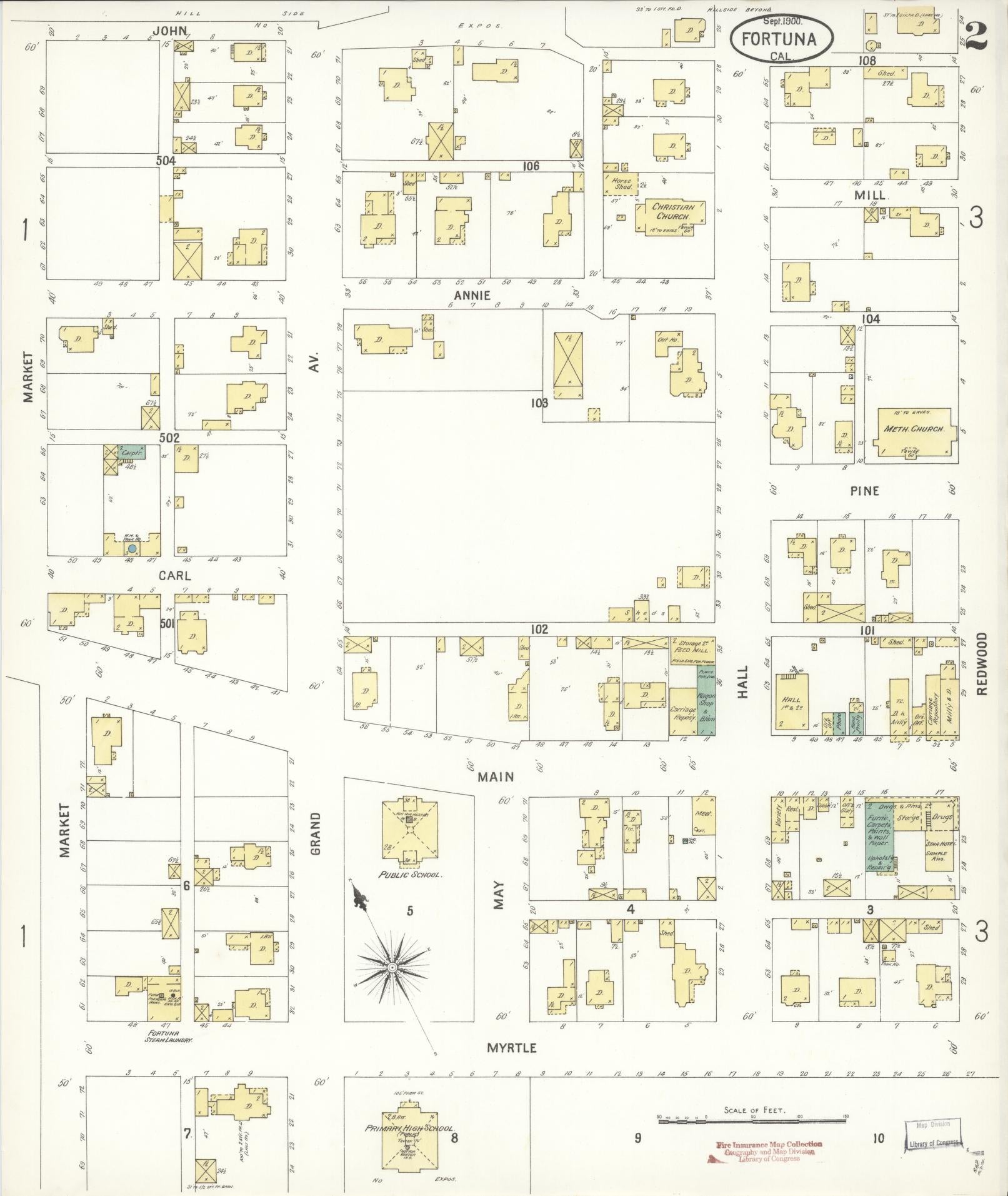Sanborn Fire Insurance Map from Fortuna, Humboldt County, California (1900), Sheet #0002 - Historic Sanborn Fire Insurance Map Print, vintage old map wall art, antique decor, genealogy gift, California California map