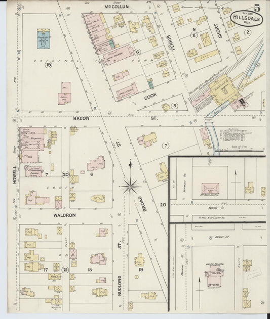 Sanborn Fire Insurance Map from Hillsdale, Hillsdale County, Michigan (1888), Sheet #0005 - Historic Sanborn Fire Insurance Map Print, vintage old map wall art, antique decor, genealogy gift, Michigan Michigan map