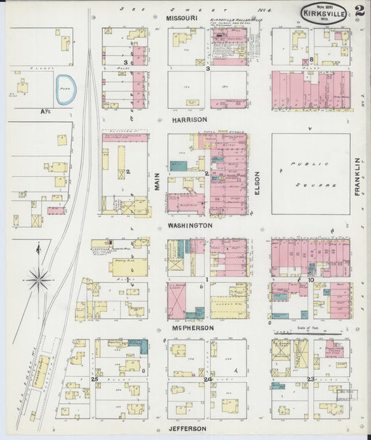 Sanborn Fire Insurance Map from Kirksville, Adair County, Missouri (1891), Sheet #0002 - Historic Sanborn Fire Insurance Map Print, vintage old map wall art, antique decor, genealogy gift, Missouri Missouri map