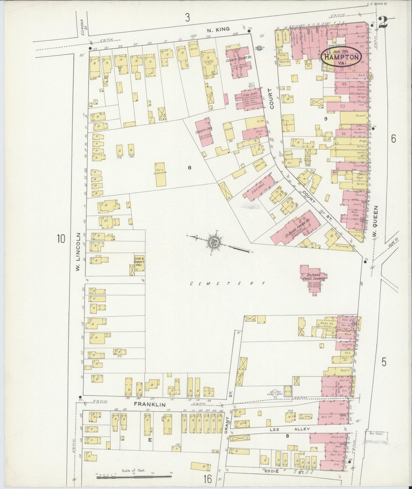 Sanborn Fire Insurance Map from Hampton, Independent Cities, Virginia (1916), Sheet #0002 - Complete Map Set gallery image, historic Sanborn map, vintage wall art, Virginia Virginia