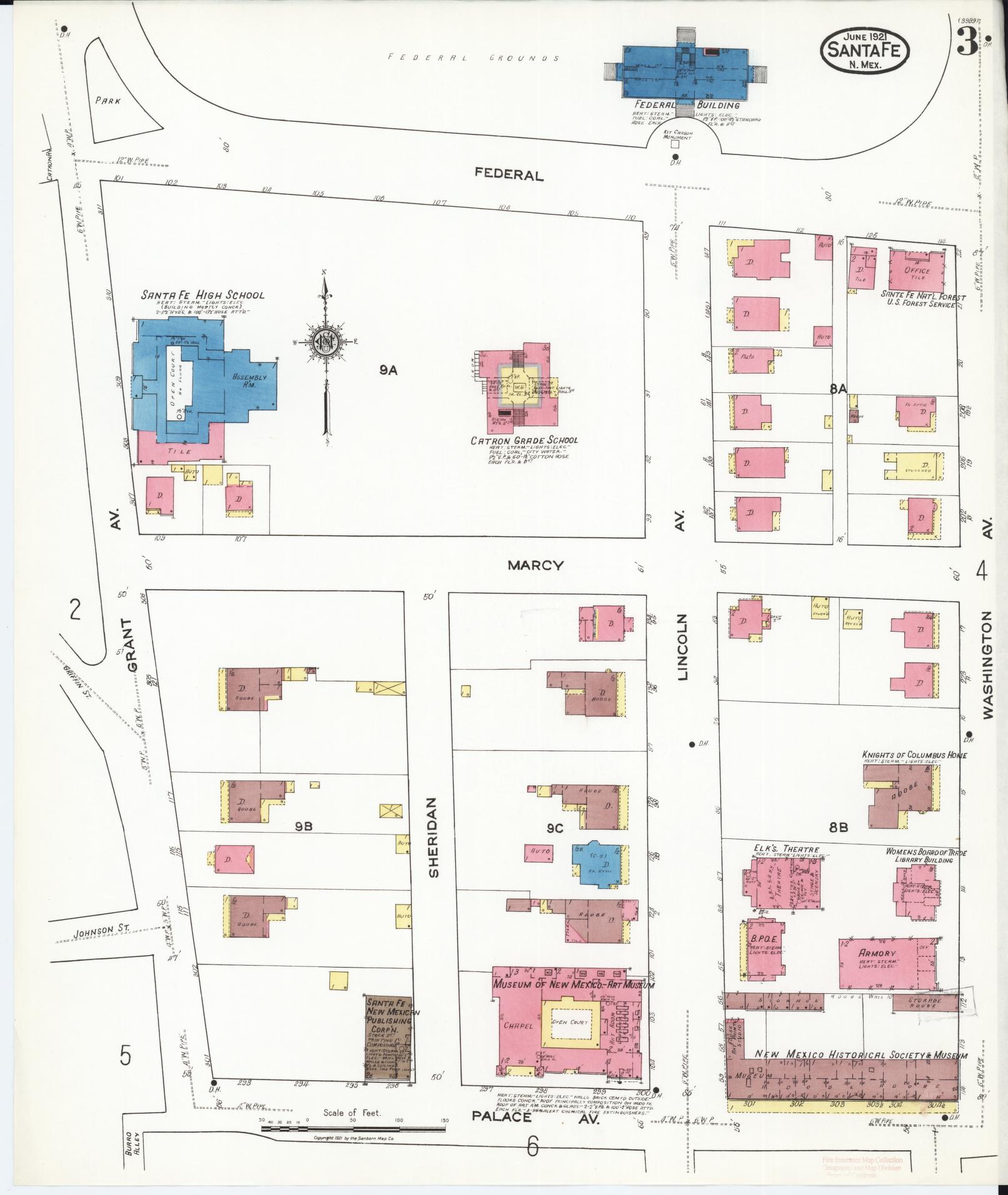 Sanborn Fire Insurance Map from Santa Fe, Santa Fe County, New Mexico (1921), Sheet #0003 - Historic Sanborn Fire Insurance Map Print, vintage old map wall art, antique decor, genealogy gift, New Mexico New Mexico map