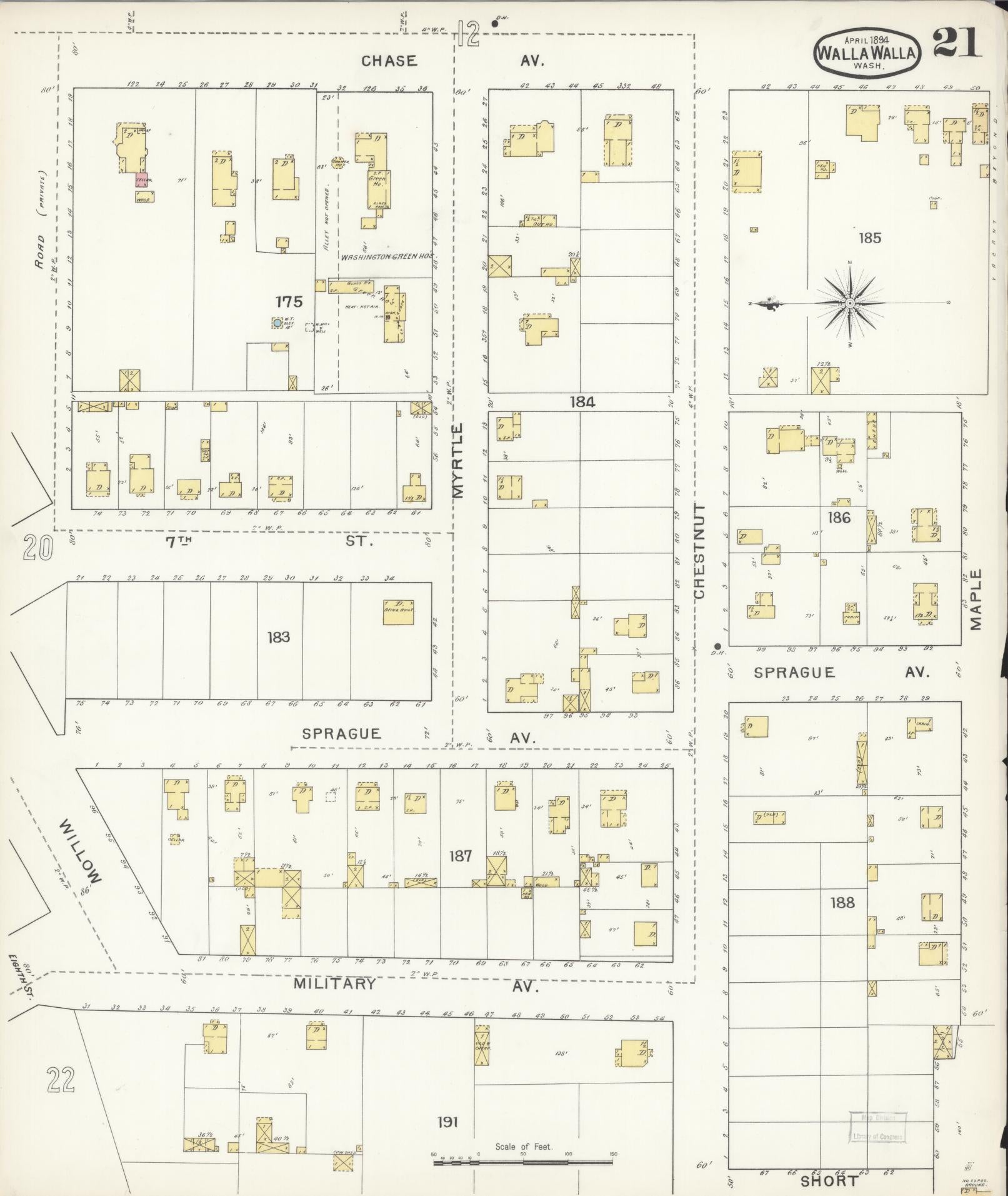Sanborn Fire Insurance Map from Walla Walla, Walla Walla County, Washington (1894), Sheet #0021 - Complete Map Set gallery image, historic Sanborn map, vintage wall art, Washington Washington